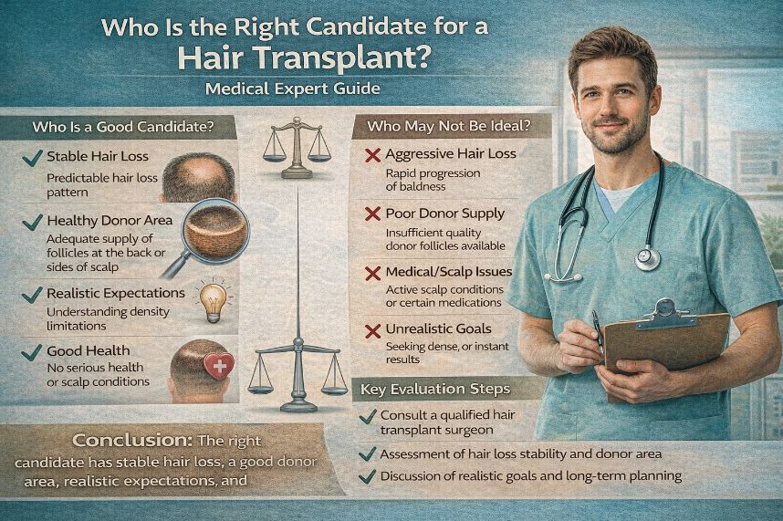 Hair transplant candidate infographic showing ideal vs non-ideal candidates, donor area evaluation, stable hair loss factors and medical assessment steps.